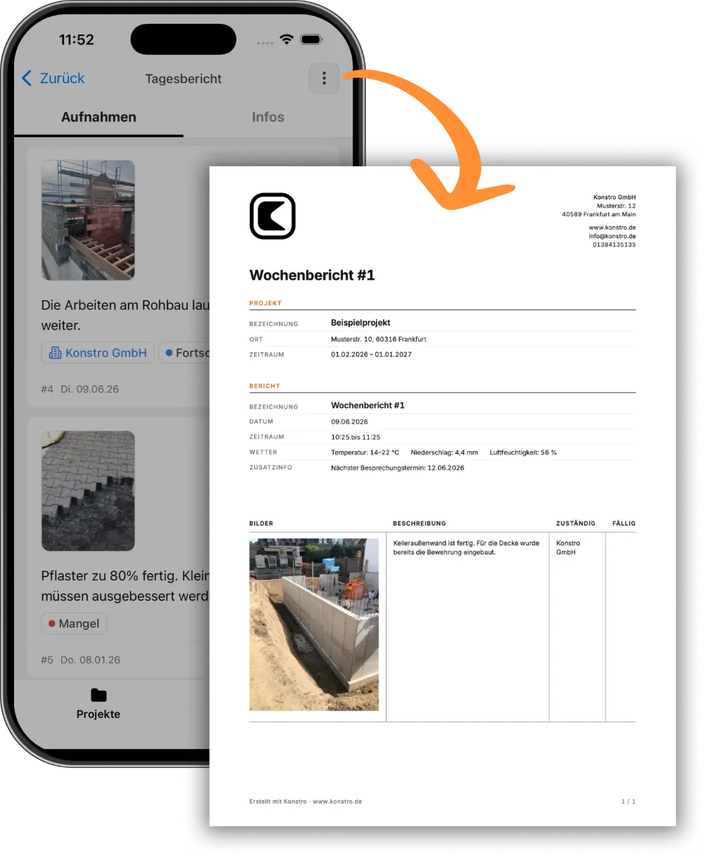 Aus Fotos und Notizen in der App entsteht ein fertiger Bericht